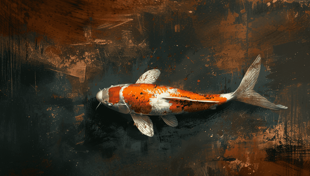 A koi fish swimming in a dark pond